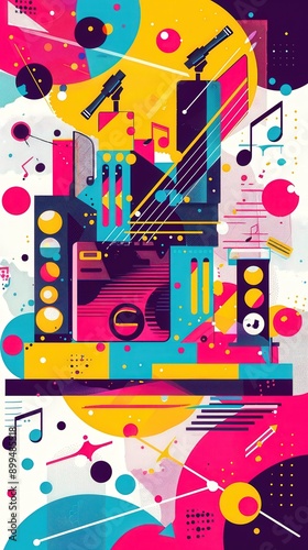 A colorful abstract painting with a cityscape and musical notes
