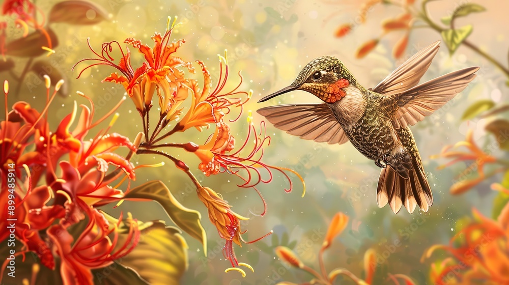 Hummingbird collecting nectar from flowers Hummingbird collecting nectar from flowers