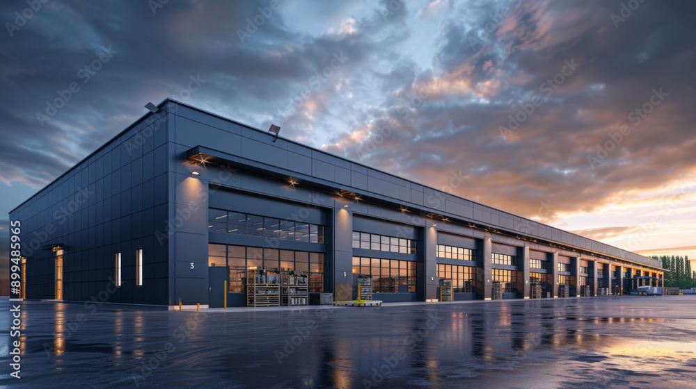 Modern Industrial Warehouse at Sunset With Reflections on Wet Pavement and Dramatic Clouds Modern Industrial Warehouse at Sunset With Reflections on Wet Pavement and Dramatic Clouds