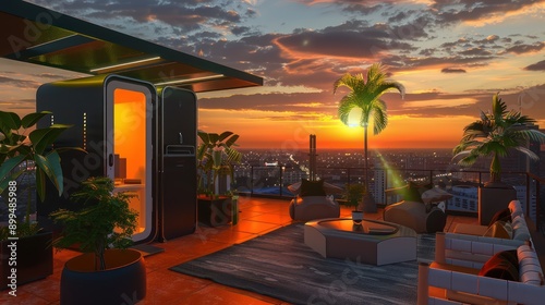 portable office setup on a rooftop terrace, with modular furniture, potted plants, and a spectacular view of the sunset over the city photo