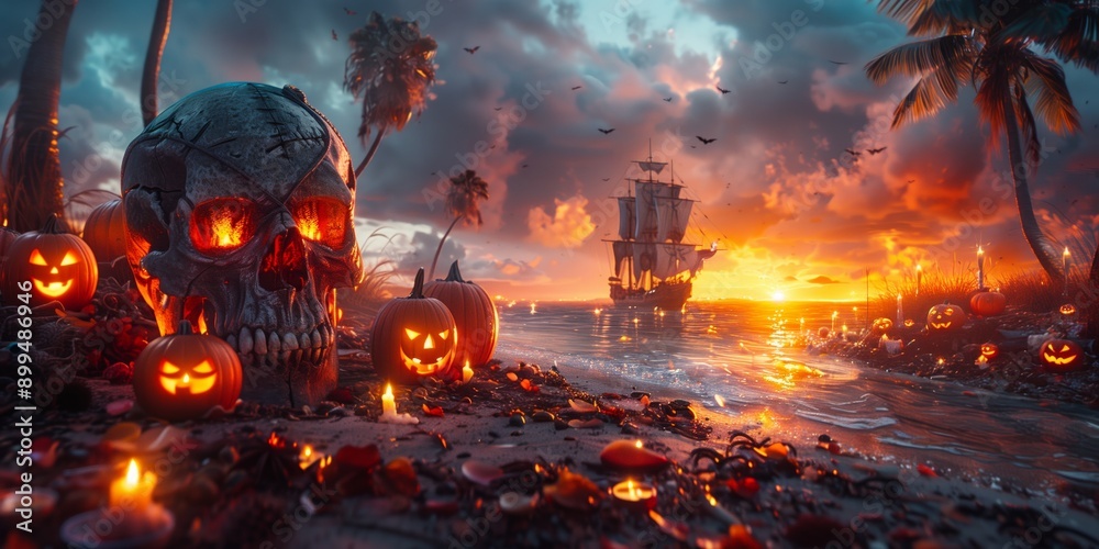 Obraz premium skull wearing a pirate hat, jack o lanterns, hibiscus flowers, Bats fly overhead and lit candles on a beach at sunset. A pirate ship in the distance. for exotic Halloween