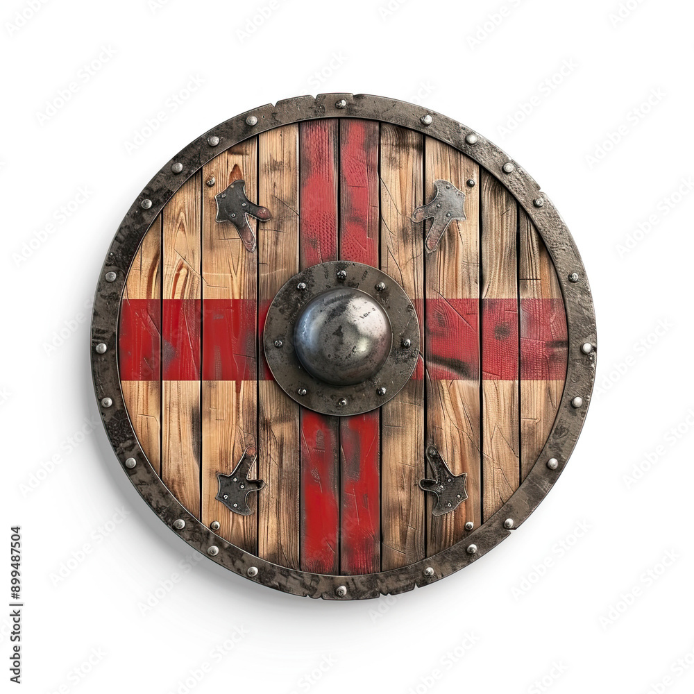 Retro Viking shield on white background historical and traditional design authentic and rustic appearance wooden shield with metal details ancient warrior symbol classic and iconic weaponry Retro Viking shield on white background historical and traditional design authentic and rustic appearance wooden shield with metal details ancient warrior symbol classic and iconic weaponry
