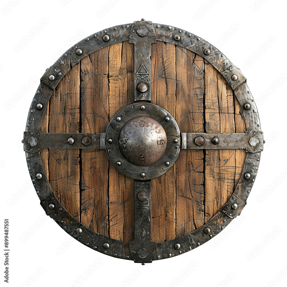 Fototapeta premium Retro Viking shield on white background historical and traditional design authentic and rustic appearance wooden shield with metal details ancient warrior symbol classic and iconic weaponry