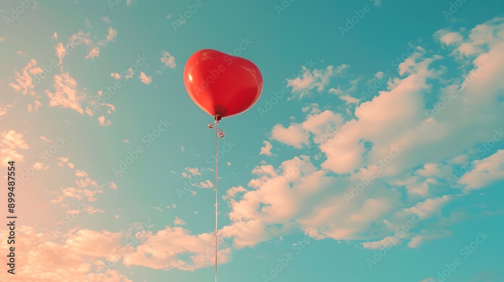 Obraz premium Heart Shaped Balloon Floating in Soft Pastel Sky with Wispy Clouds Whimsical and Romantic Love Concept