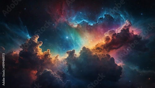 Cosmic cloud nebula with rainbow colors and distant constellations