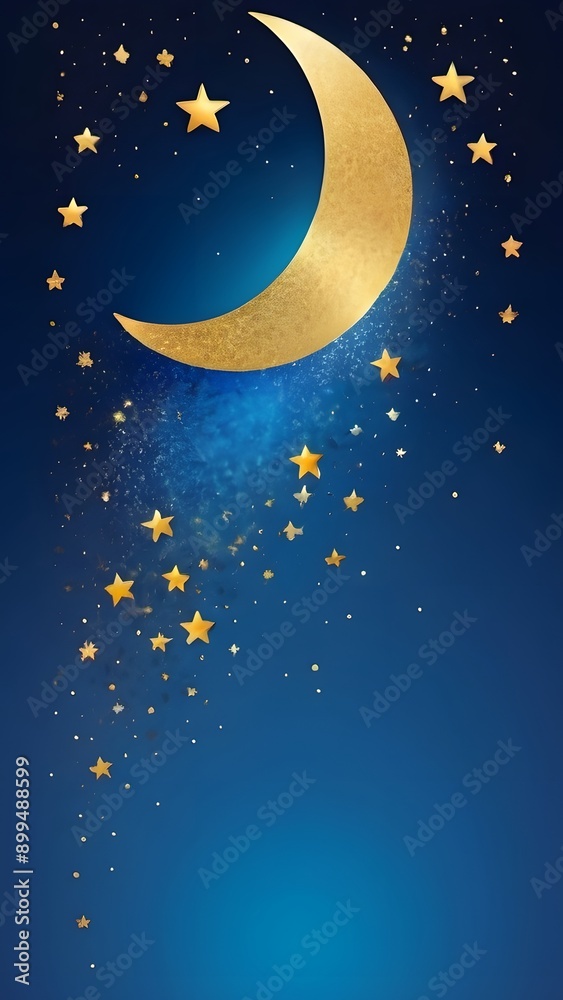 A gradient background transitions from blue to a darker shade, adorned with tiny golden glitter, a crescent moon, and twinkling stars. A gradient background transitions from blue to a darker shade, adorned with tiny golden glitter, a crescent moon, and twinkling stars.