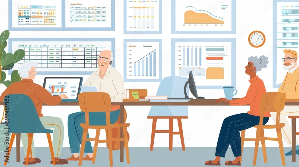 Several elderly people are gathered around a table, discussing data displayed on screens and papers in a bright office environment. Generative AI