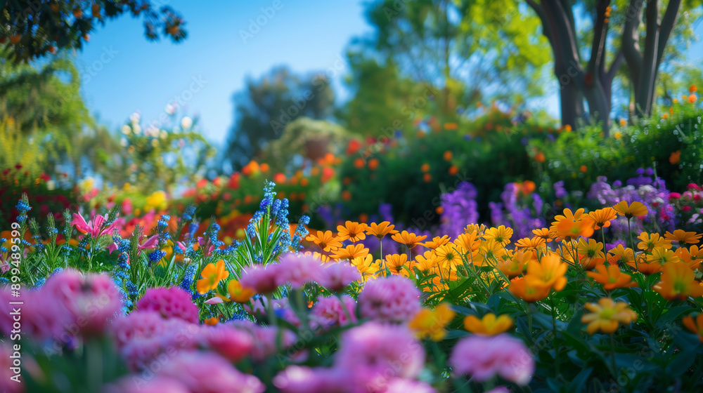 Obraz premium Vibrant Garden with Colorful Flowers and Playful Elements Bringing Joy and Happiness