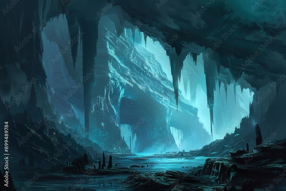 Bioluminescent cavern with a deep blue lake and floating rocks Bioluminescent cavern with a deep blue lake and floating rocks