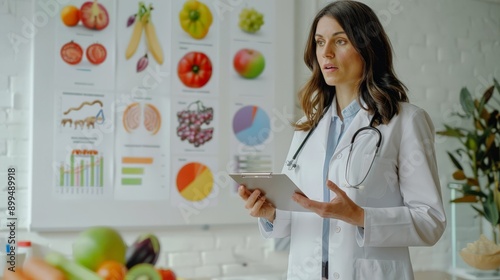 Concerned dietitian with a clipboard discussing nutrition in a kitchen with food charts and fresh produce. Emphasizing the importance of balanced diet and health education.