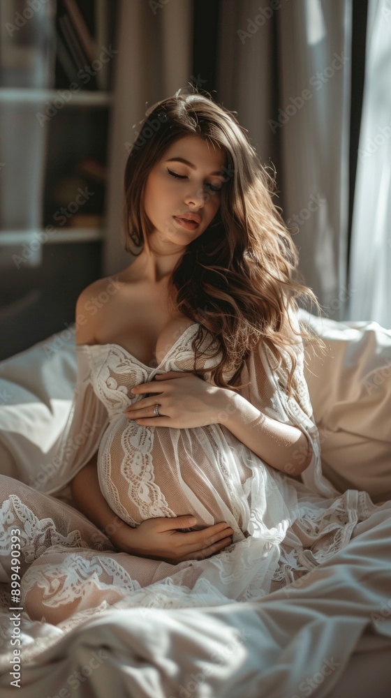 A pregnant woman in a white lace nightgown sits serenely on a bed, hands on her belly. Sunlight fills the cozy, lived-in room, emphasizing a peaceful and contemplative mood. A pregnant woman in a white lace nightgown sits serenely on a bed, hands on her belly. Sunlight fills the cozy, lived-in room, emphasizing a peaceful and contemplative mood.
