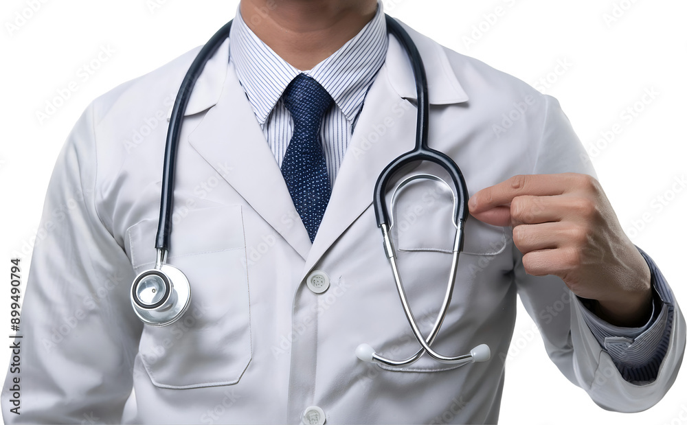Professional doctor wearing a white coat, stethoscope around neck, isolated on a white or transparent background Professional doctor wearing a white coat, stethoscope around neck, isolated on a white or transparent background
