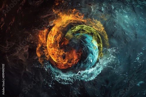 A breathtaking creative design showcasing the four elements of nature: Earth, Wind, Fire, Air, and Water, integrated into a circular composition. Set against a dramatic dark background photo