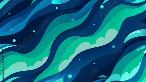 seamless repeat pattern of northern light, aurora borealis, waves green and blue