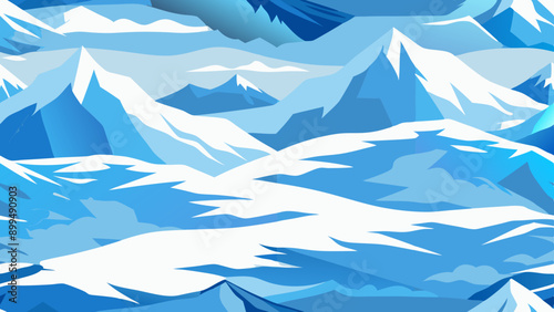 seamless repeat pattern of blue and white winter snowy mountainous landscape