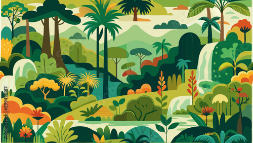 cartoon lush tropical wilderness filled with flora and waterfalls in seamless repeat pattern
