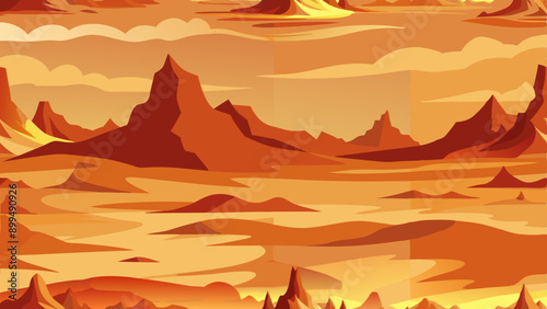 seamless repeat pattern of desert landscape at golden hour in warm colors and mountains