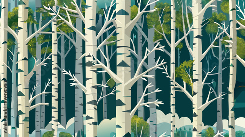cartoon forest, woodland of silver birch trees in seamless repeat pattern