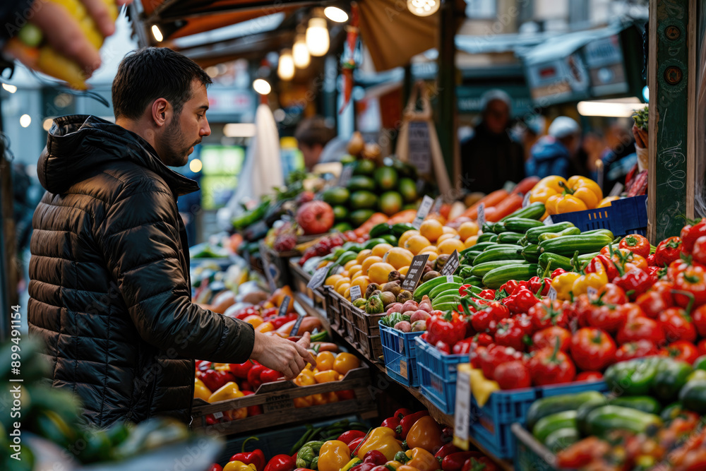 Man choosing bell peppers at farmers market with fresh produce Man choosing bell peppers at farmers market with fresh produce
