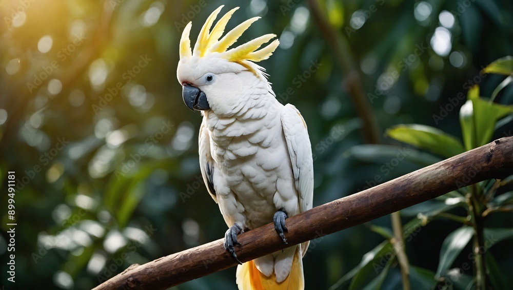 A majestic cockatoo perched on a branch, its vibrant feathers shimmering in the sunlight against a backdrop of lush greenery. A majestic cockatoo perched on a branch, its vibrant feathers shimmering in the sunlight against a backdrop of lush greenery.