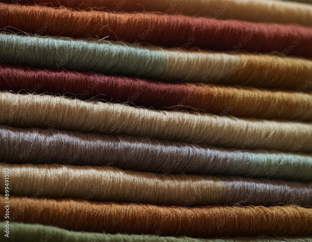 Close-Up of Stacked Multicolored Yarn Spools