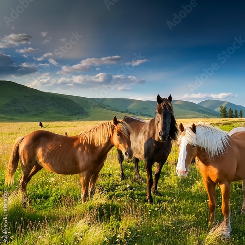 horses in a green meadow, AI generated