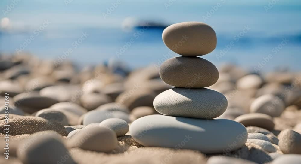 Zen Pebble Stack on Beach with Calm Blue Water Background Zen Pebble Stack on Beach with Calm Blue Water Background