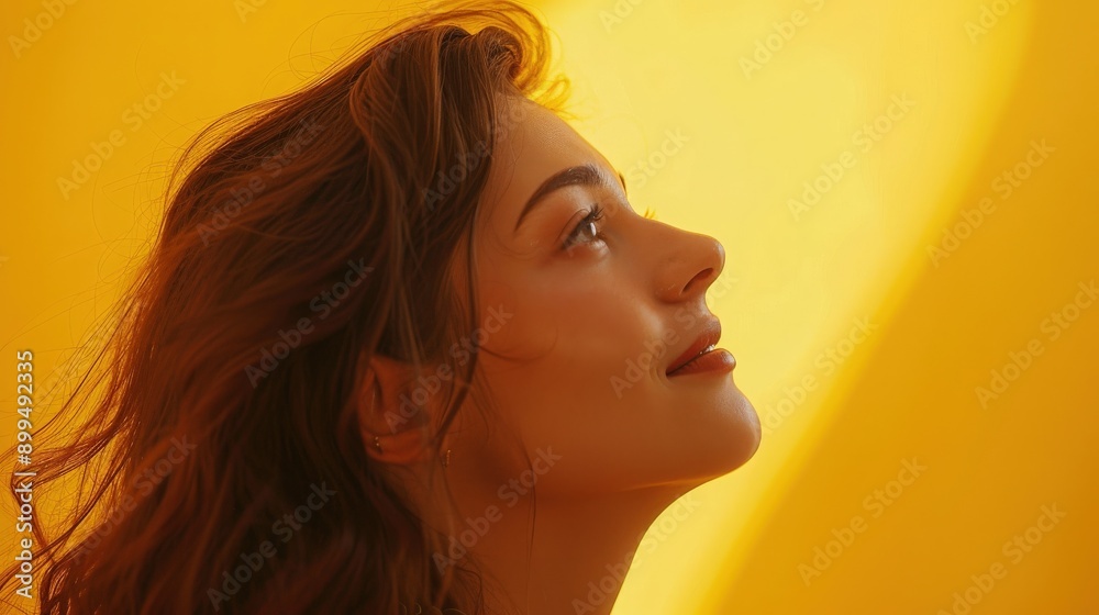 Young woman gazing upward, set against a vibrant yellow background, evoking a sense of optimism and positivity Young woman gazing upward, set against a vibrant yellow background, evoking a sense of optimism and positivity