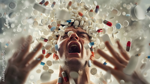 Emotional Distress Overwhelmed By Falling Pills Frustration Anxiety Chaos Despair Addiction Medicine photo