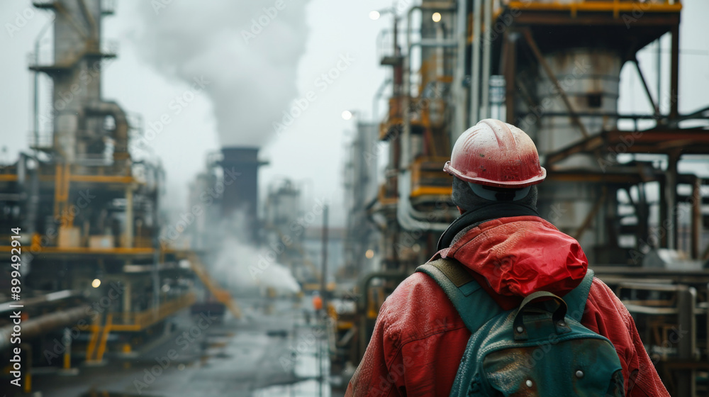 An oil refinery worker in protective gear observes the complex industrial operations, highlighting the energy production sector. An oil refinery worker in protective gear observes the complex industrial operations, highlighting the energy production sector.