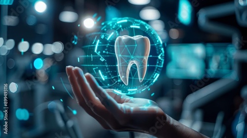 Futuristic dental technology concept showcasing a 3D holographic tooth held by a hand with modern digital elements in the background.