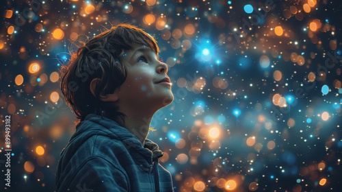 Boy Looking Up at the Lights. photo