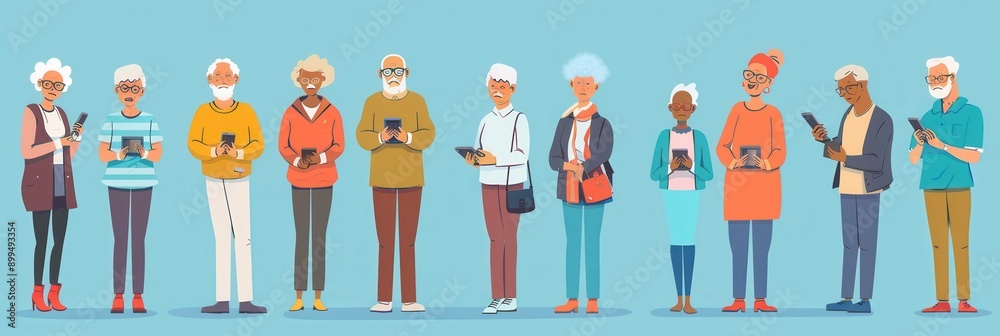 A diverse group of elderly individuals is actively using their mobile devices while standing together in a brightly colored indoor area. Generative AI A diverse group of elderly individuals is actively using their mobile devices while standing together in a brightly colored indoor area. Generative AI