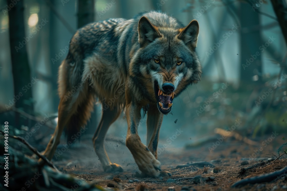 Fierce lone wolf prowling through a forest trail, displaying bared teeth and a confrontational stance, prepared to defend itself Fierce lone wolf prowling through a forest trail, displaying bared teeth and a confrontational stance, prepared to defend itself