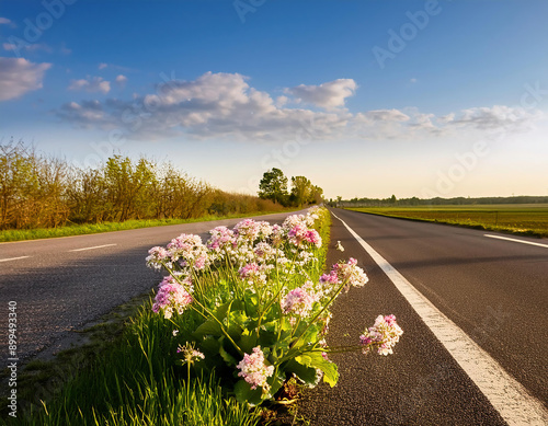 Asphalt road through the countryside with wild spring flowers in the foreground and blue sky	
