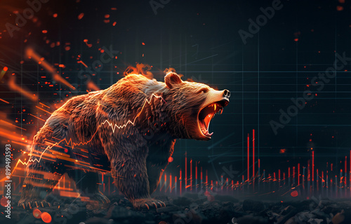 Stock market down trend, a bear market concept with stock chart digital numbers crisis red price drop arrow down chart fall / stock market bear finance risk trend investment , Roaring bear