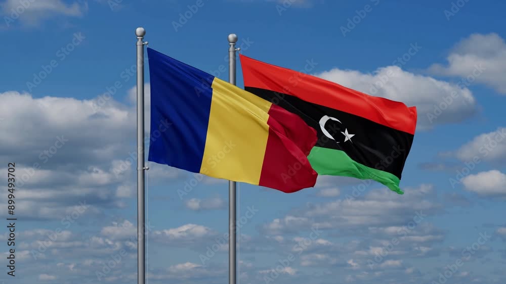 Libya and Romania flags flying together, video concept of the relationship, two country cooperation concept Libya and Romania flags flying together, video concept of the relationship, two country cooperation concept