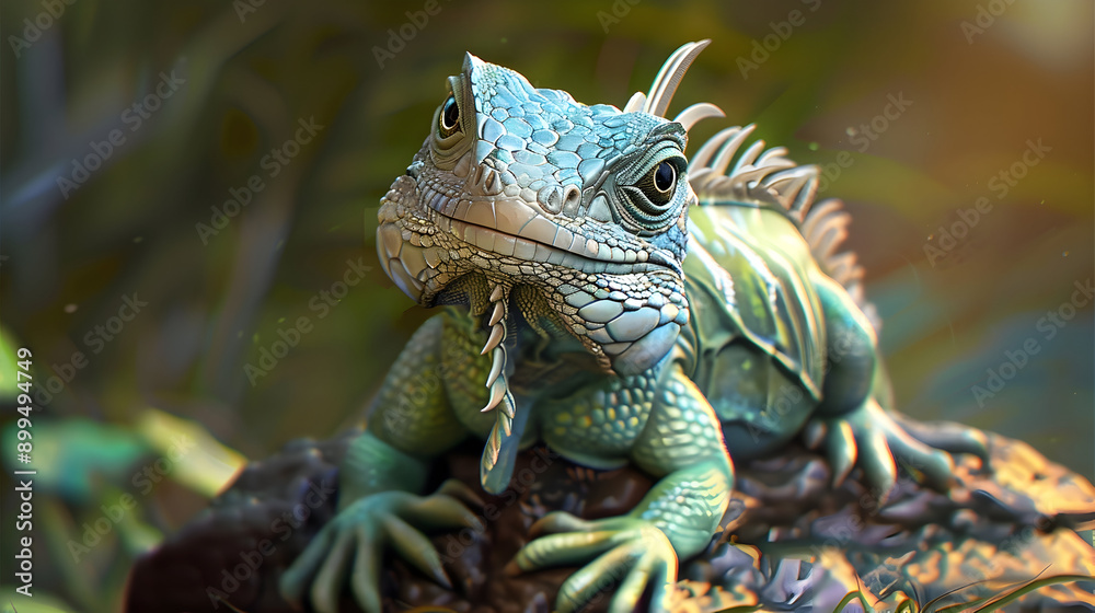 Fototapeta premium Blue Iguana Lizard Reptile Portrait Illustration