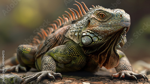 Green Iguana Portrait, Realistic Lizard Image photo