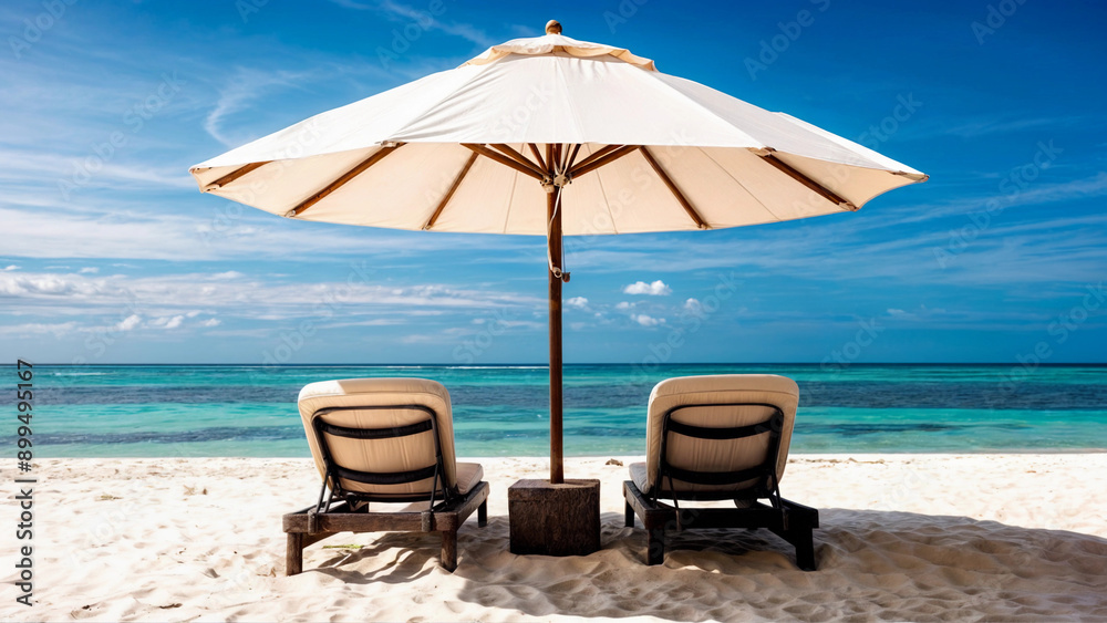 A peaceful beach setting with a sun umbrella and two lounge chairs on a sandy shore, with clear turquoise water in the background. A peaceful beach setting with a sun umbrella and two lounge chairs on a sandy shore, with clear turquoise water in the background.