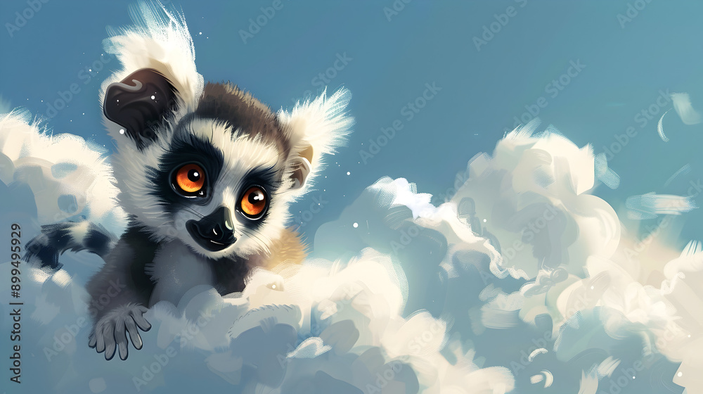 Cute Lemur Illustration with Clouds Background Cute Lemur Illustration with Clouds Background
