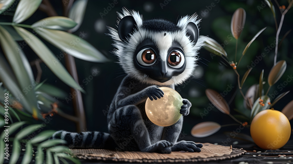 Cute 3D Illustration of a Lemur Holding a Moon