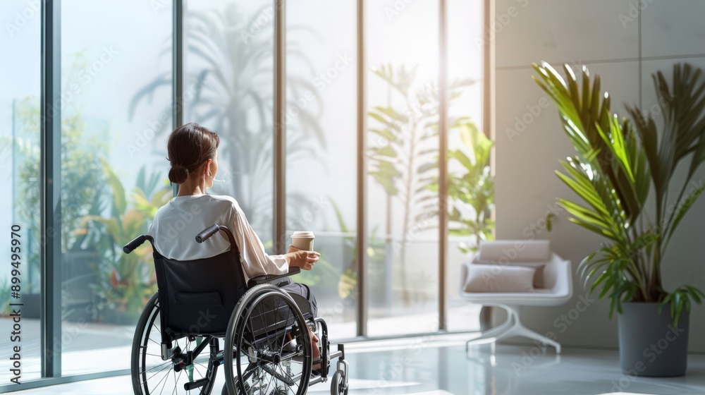 Businesswoman in a wheelchair holding a coffee cup in a modern office setting. Representation of professional inclusion. Businesswoman in a wheelchair holding a coffee cup in a modern office setting. Representation of professional inclusion.