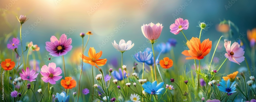 A vibrant field of wildflowers in full bloom, showcasing various colors and textures against a soft, dreamy background. A vibrant field of wildflowers in full bloom, showcasing various colors and textures against a soft, dreamy background.