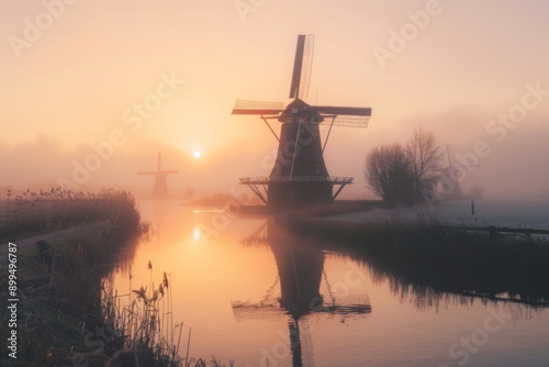 windmill next to a river during sunset  © Snowstudio