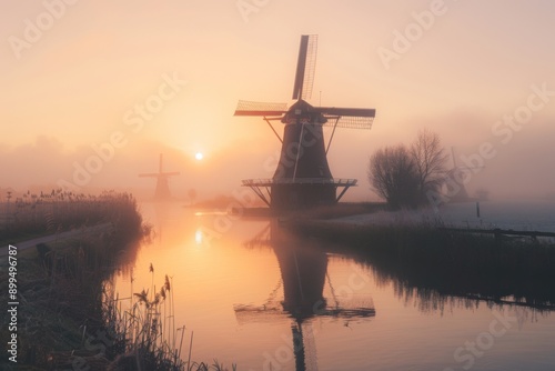 windmill next to a river during sunset 