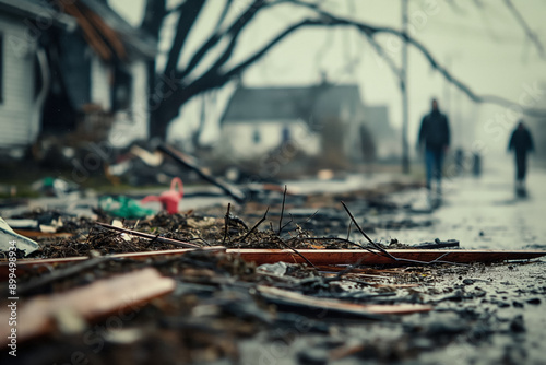 Community volunteers working together to clear debris and salvage usable materials after a tornado has hit, demonstrating resilience and solidarity in the aftermath photo