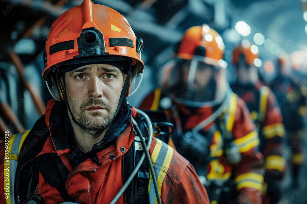 Emergency response teams in full gear, entering a coal mine after a reported accident, with tension and urgency visible in their actions Emergency response teams in full gear, entering a coal mine after a reported accident, with tension and urgency visible in their actions