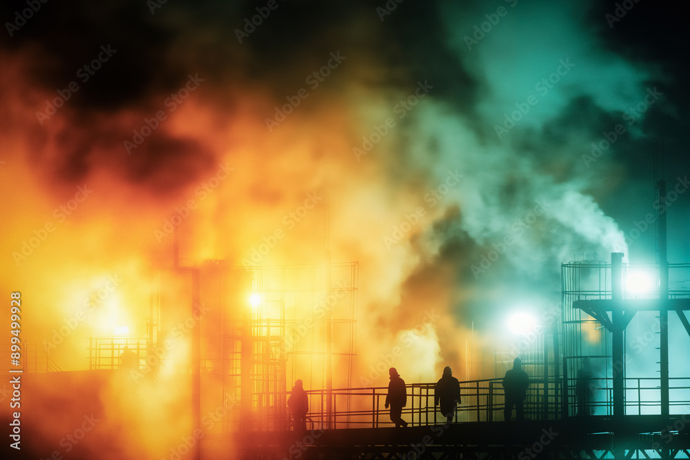 Obraz premium The immediate aftermath of an explosion at a mining site, with damaged equipment, smoke rising, and injured workers being assisted by rescue teams