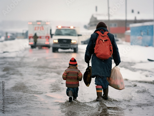 Families and individuals evacuating their homes, carrying personal belongings, trudging through knee-deep water, with emergency vehicles in the background photo